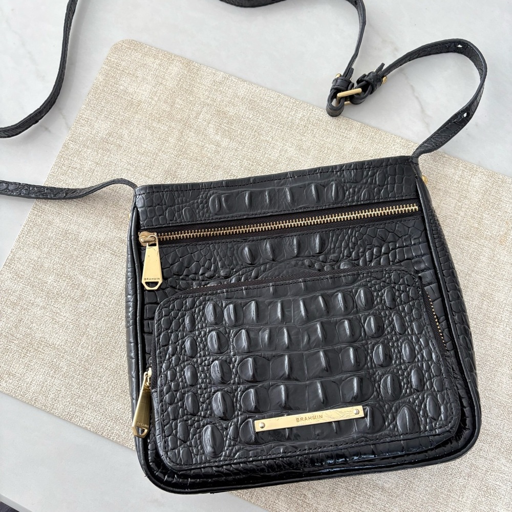 Brahmin Black Croc-Embossed Crossbody Bag